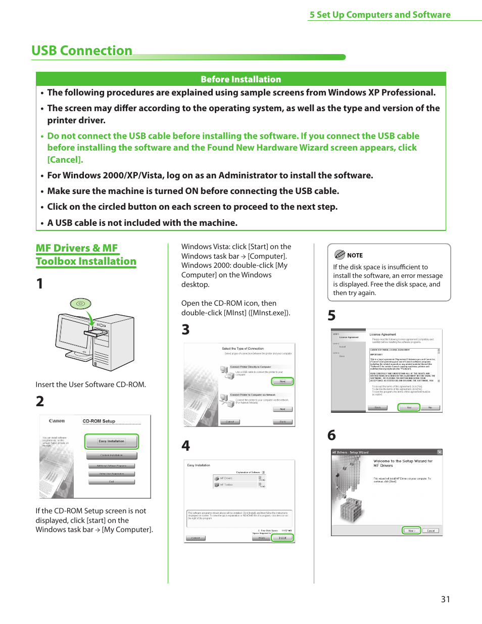 Usb connection, Mf drivers & mf toolbox installation | Canon MF4370DN User Manual | Page 33 / 44