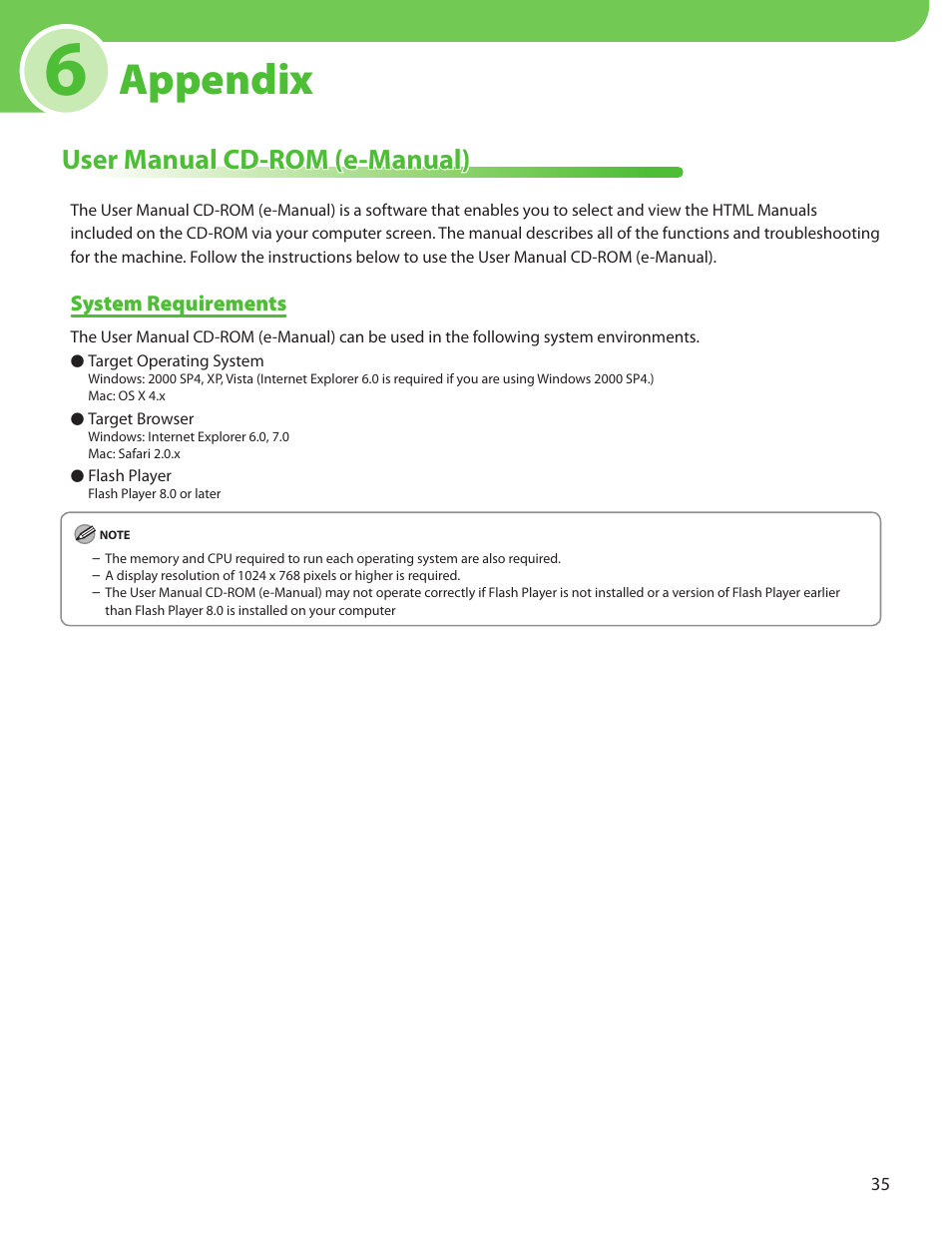 6 appendix, User manual cd-rom (e-manual), System requirements | Appendix | Canon MF4370DN User Manual | Page 37 / 44