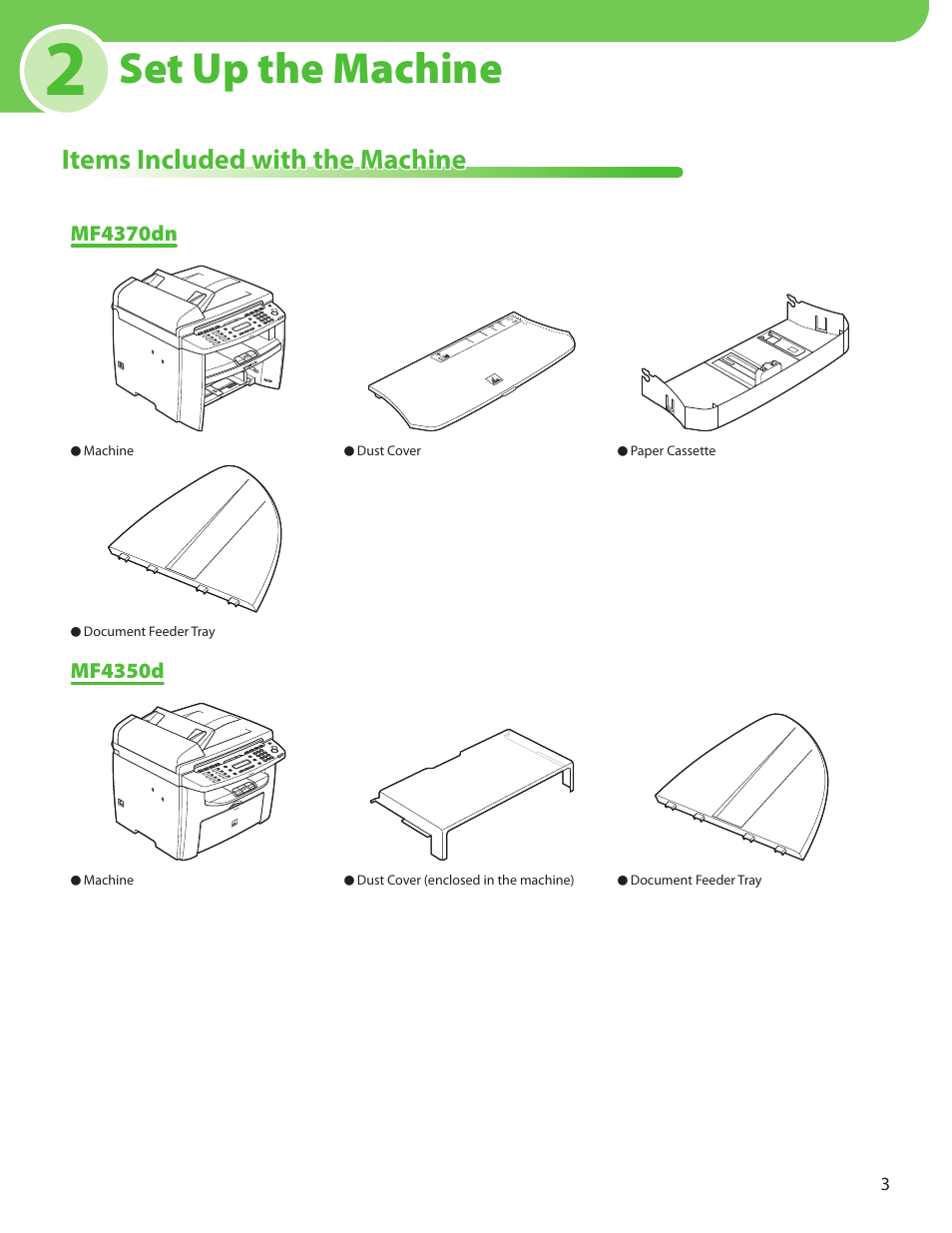 2 set up the machine, Items included with the machine, Mf4370dn | Mf4350d, Set up the machine | Canon MF4370DN User Manual | Page 5 / 44