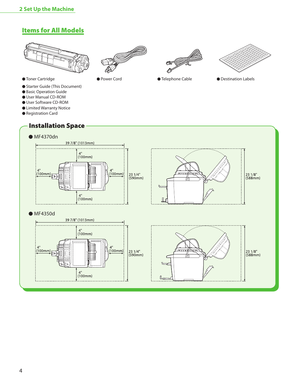 Items for all models, Installation space, 2 set up the machine 4 | Canon MF4370DN User Manual | Page 6 / 44
