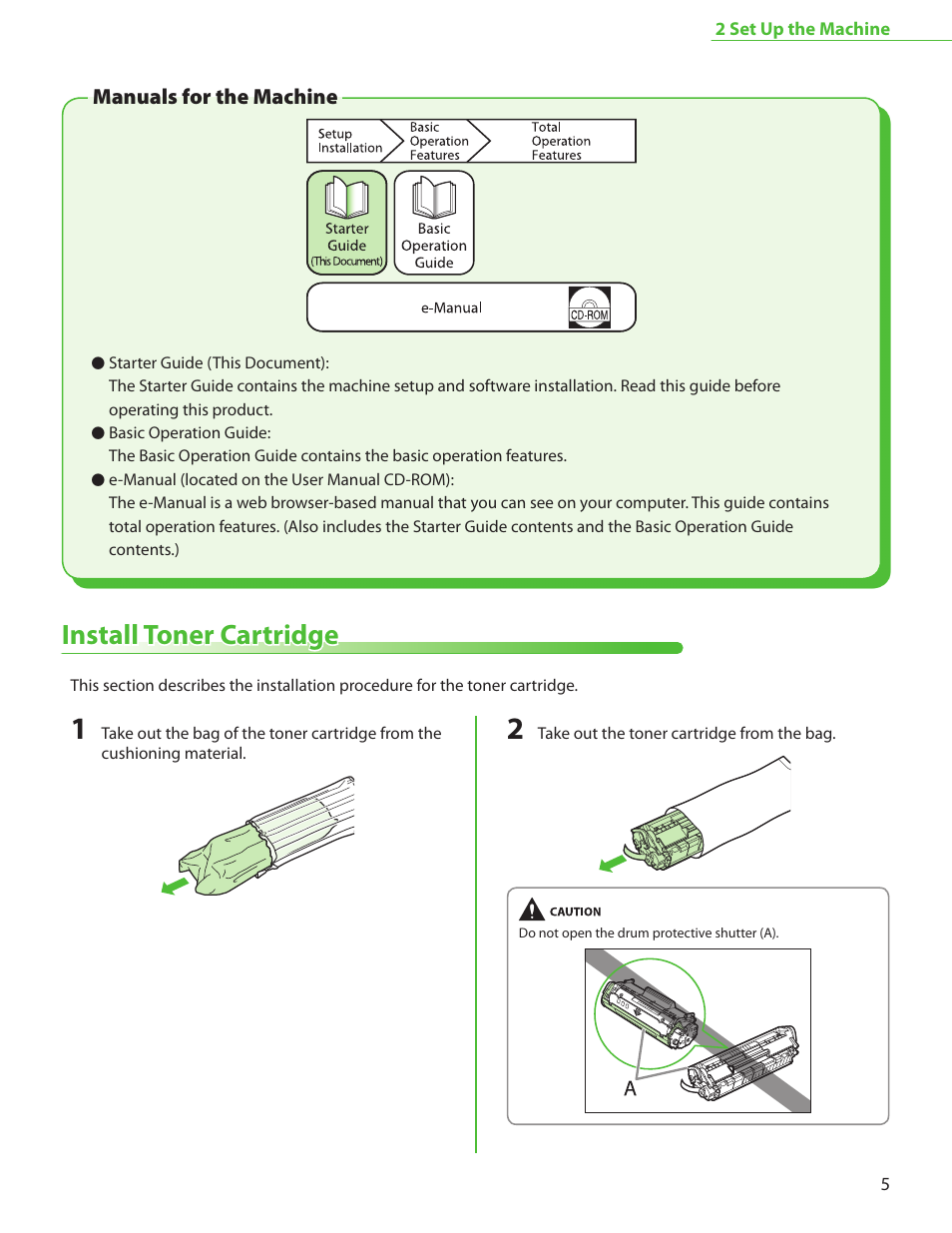 Manuals for the machine, Install toner cartridge | Canon MF4370DN User Manual | Page 7 / 44