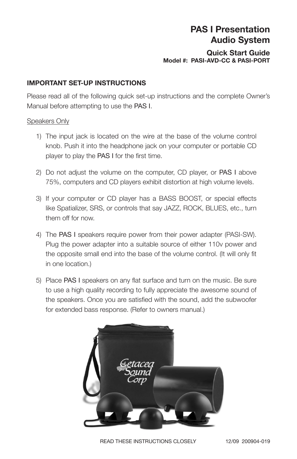 Cetacea Sound PAS I Presentation Audio System Quick Start Guide User Manual | 2 pages