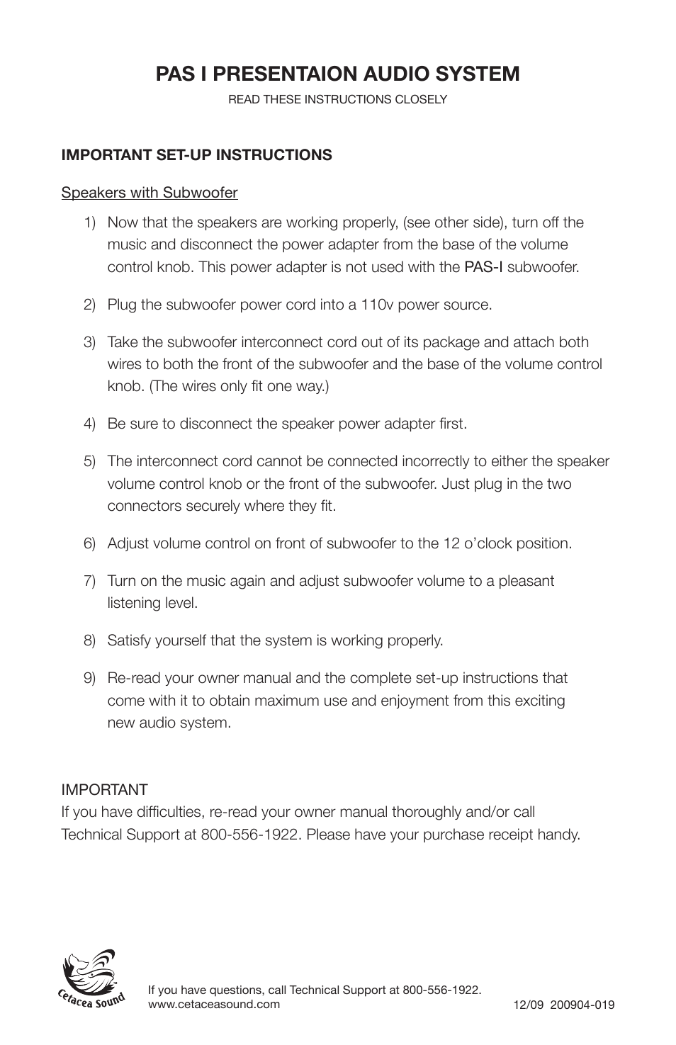 Pas i presentaion audio system | Cetacea Sound PAS I Presentation Audio System Quick Start Guide User Manual | Page 2 / 2