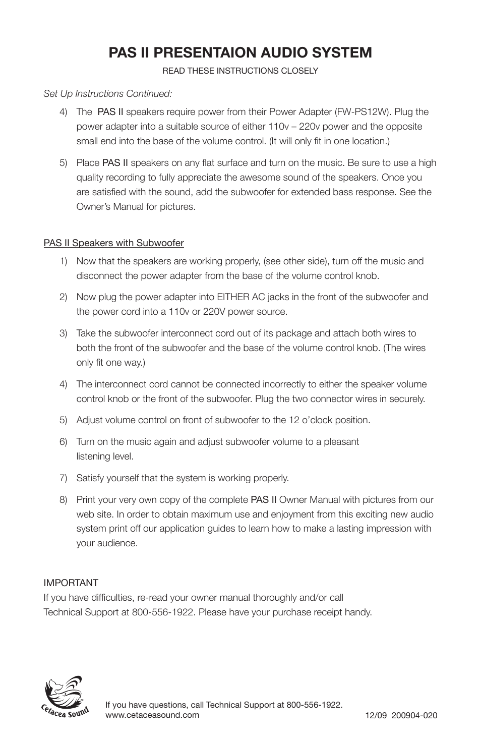 Pas ii presentaion audio system | Cetacea Sound PAS II Presentation Audio System Quick Start Guide User Manual | Page 2 / 2