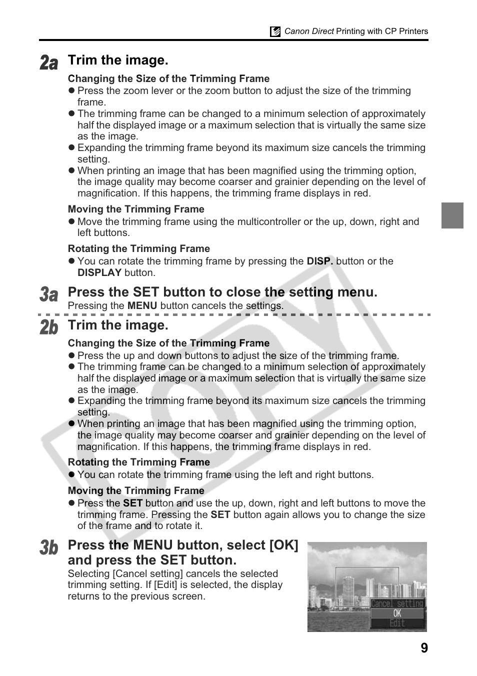 Trim the image, Press the set button to close the setting menu | Canon Printing Using a Direct Camera/Printer Connection Guide Direct Print User Manual | Page 11 / 76