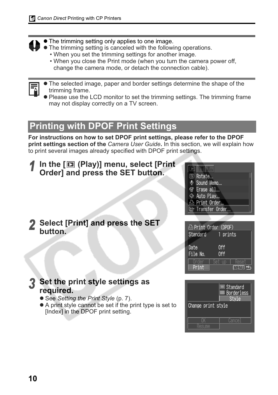 Printing with dpof print settings | Canon Printing Using a Direct Camera/Printer Connection Guide Direct Print User Manual | Page 12 / 76