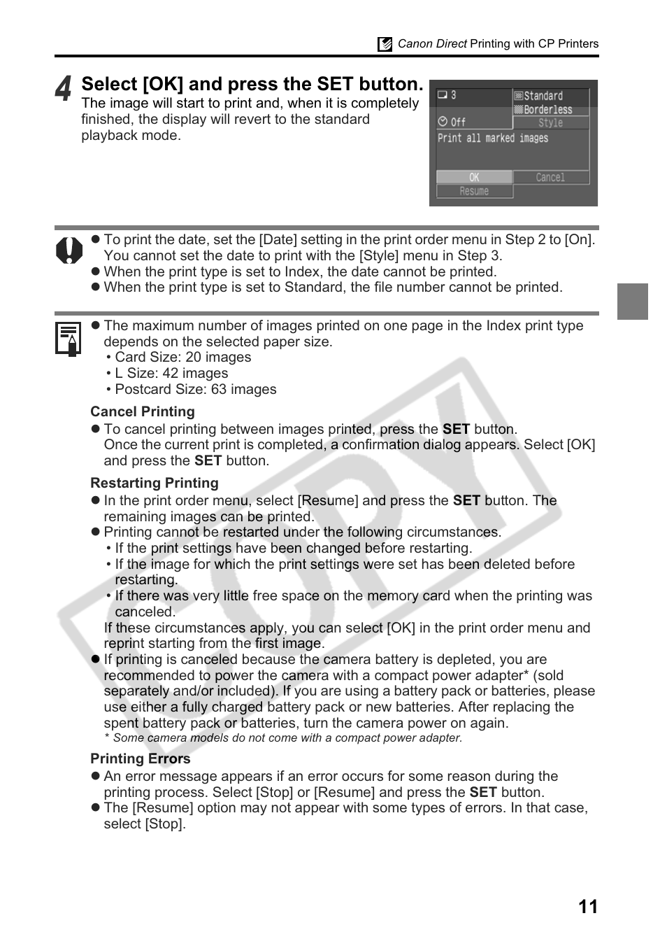 Select [ok] and press the set button | Canon Printing Using a Direct Camera/Printer Connection Guide Direct Print User Manual | Page 13 / 76