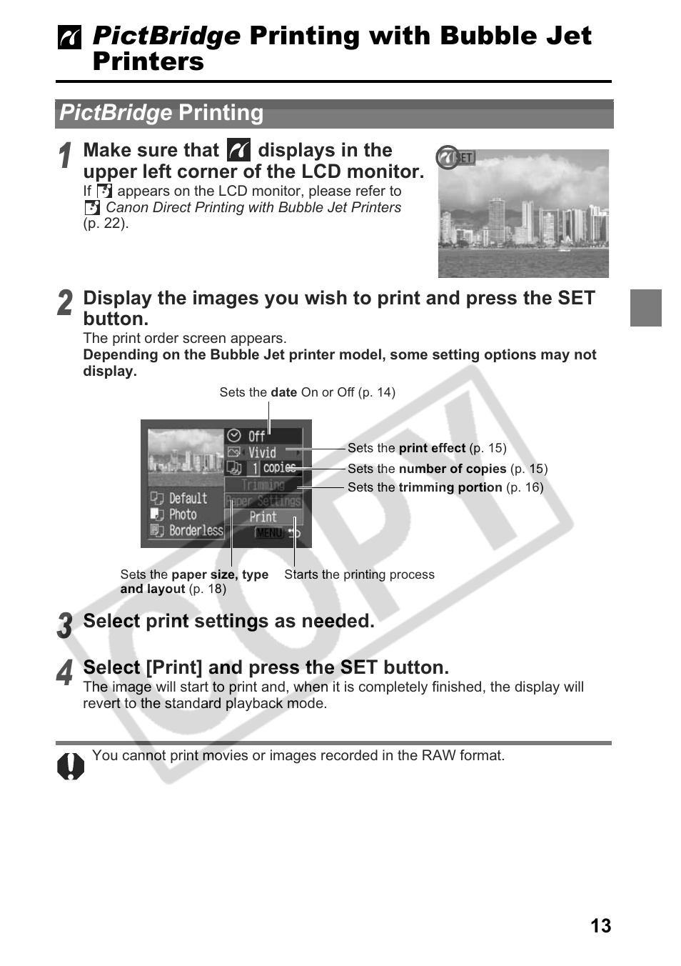 Pictbridge printing with bubble jet printers, Pictbridge printing | Canon Printing Using a Direct Camera/Printer Connection Guide Direct Print User Manual | Page 15 / 76