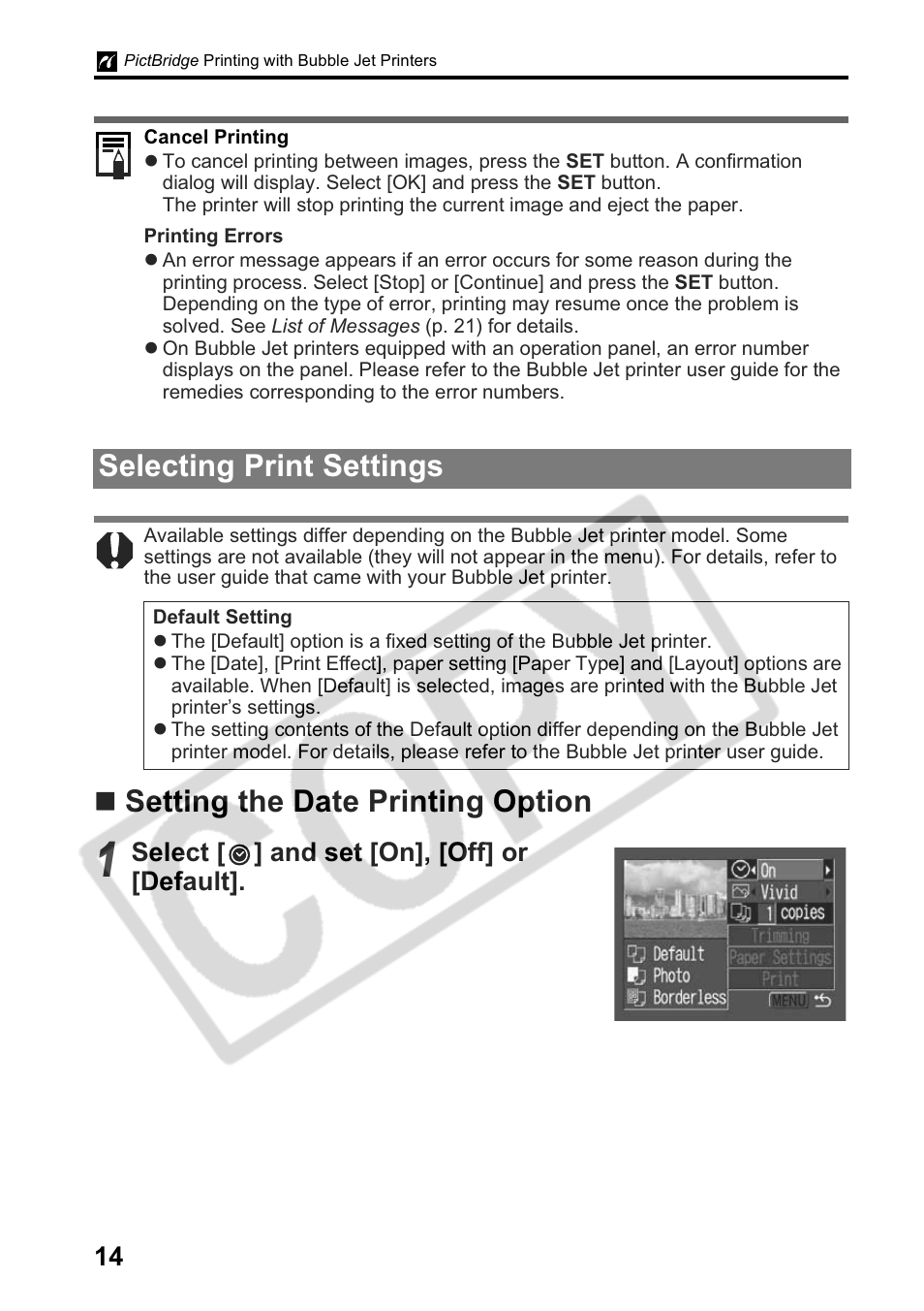 Setting the date printing option, Selecting print settings | Canon Printing Using a Direct Camera/Printer Connection Guide Direct Print User Manual | Page 16 / 76