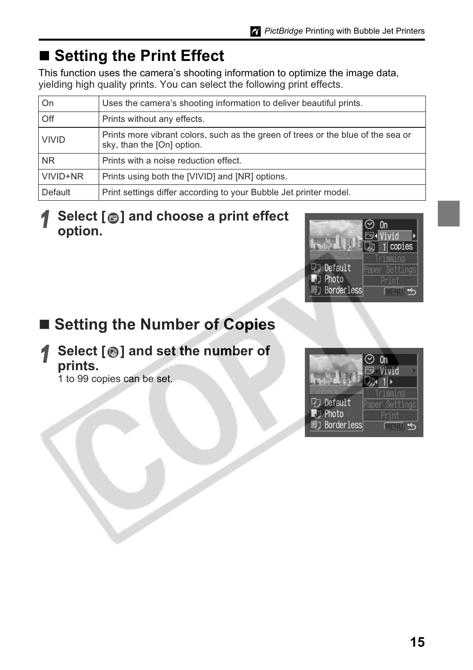 Setting the print effect, Setting the number of copies, Select [ ] and choose a print effect option | Select [ ] and set the number of prints | Canon Printing Using a Direct Camera/Printer Connection Guide Direct Print User Manual | Page 17 / 76