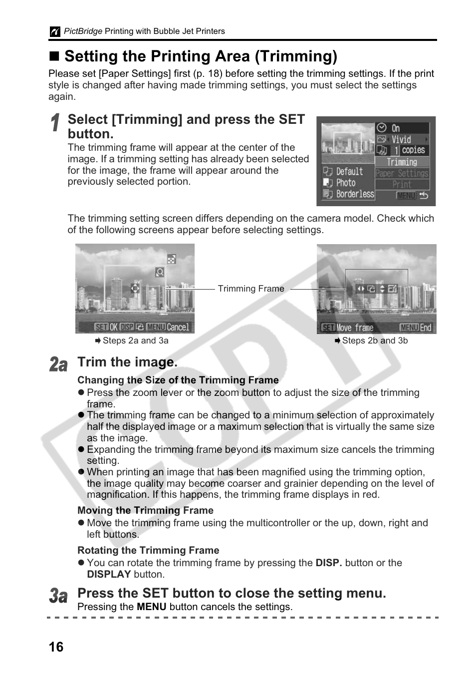 Setting the printing area (trimming), Select [trimming] and press the set button, Trim the image | Press the set button to close the setting menu | Canon Printing Using a Direct Camera/Printer Connection Guide Direct Print User Manual | Page 18 / 76