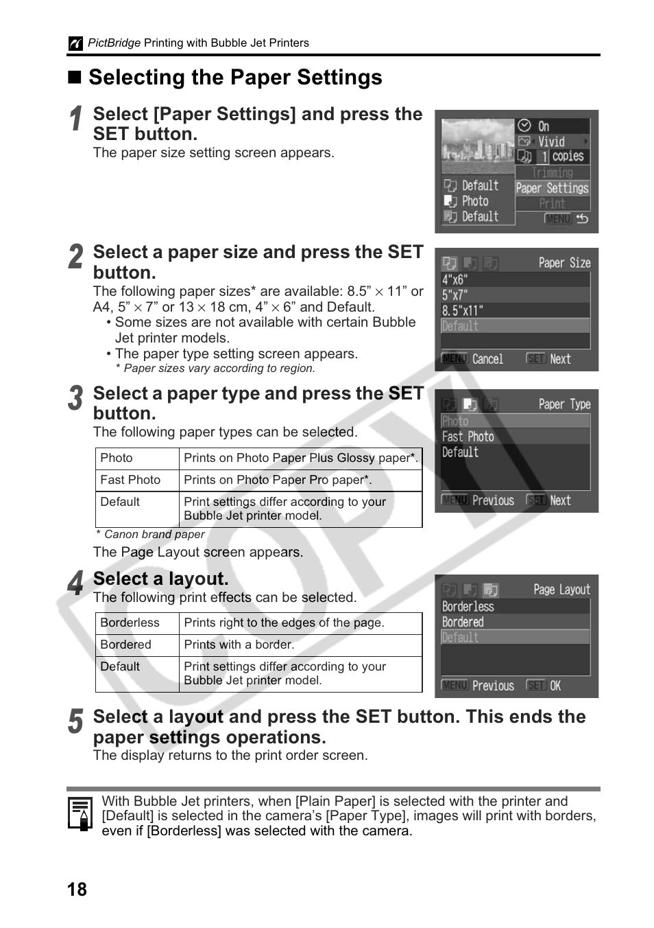 Selecting the paper settings | Canon Printing Using a Direct Camera/Printer Connection Guide Direct Print User Manual | Page 20 / 76