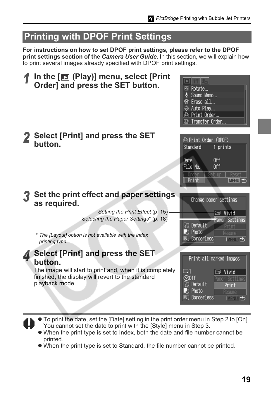 Printing with dpof print settings | Canon Printing Using a Direct Camera/Printer Connection Guide Direct Print User Manual | Page 21 / 76