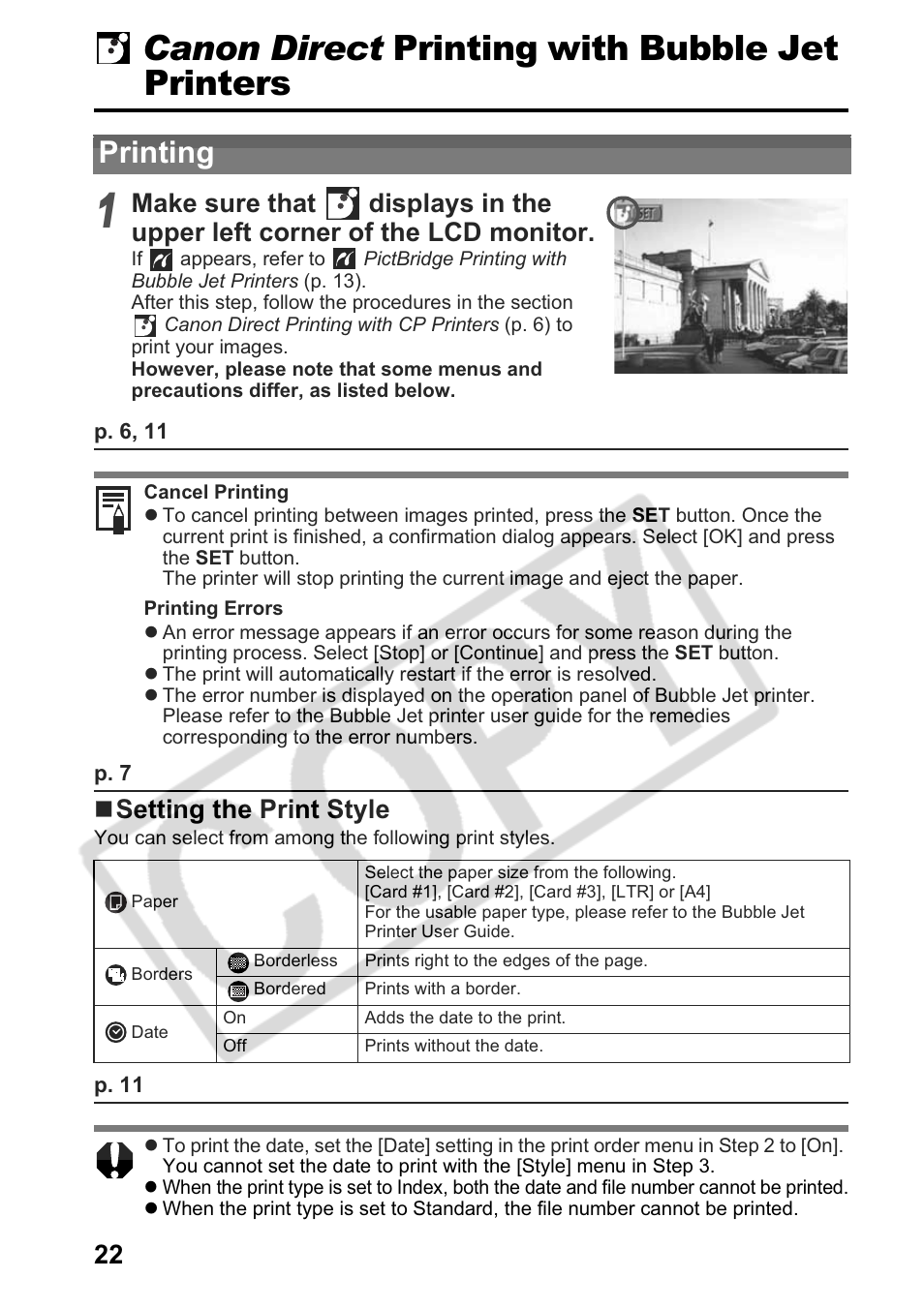Canon direct printing with bubble jet printers, Printing, Setting the print style | Canon Printing Using a Direct Camera/Printer Connection Guide Direct Print User Manual | Page 24 / 76