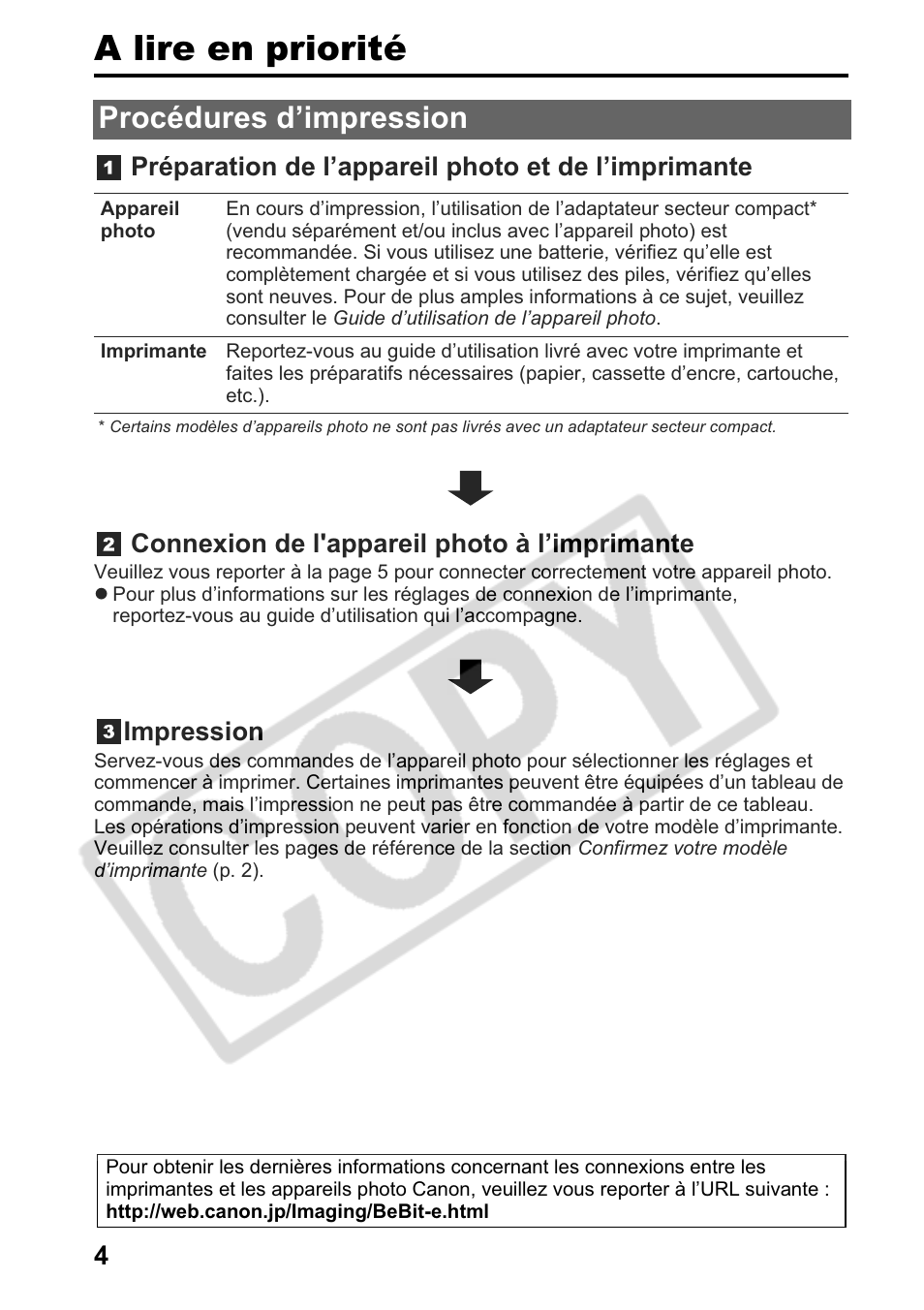 A lire en priorité, Procédures d’impression, Préparation de l’appareil photo et de l’imprimante | Connexion de l'appareil photo à l’imprimante, Impression | Canon Printing Using a Direct Camera/Printer Connection Guide Direct Print User Manual | Page 30 / 76