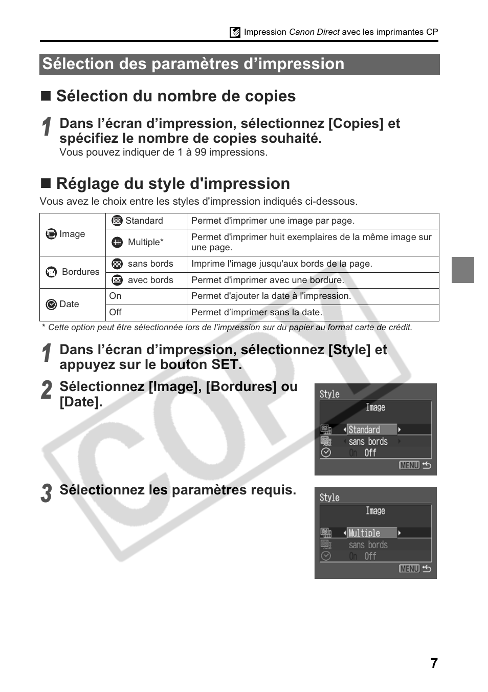 Sélection des paramètres d’impression | Canon Printing Using a Direct Camera/Printer Connection Guide Direct Print User Manual | Page 33 / 76