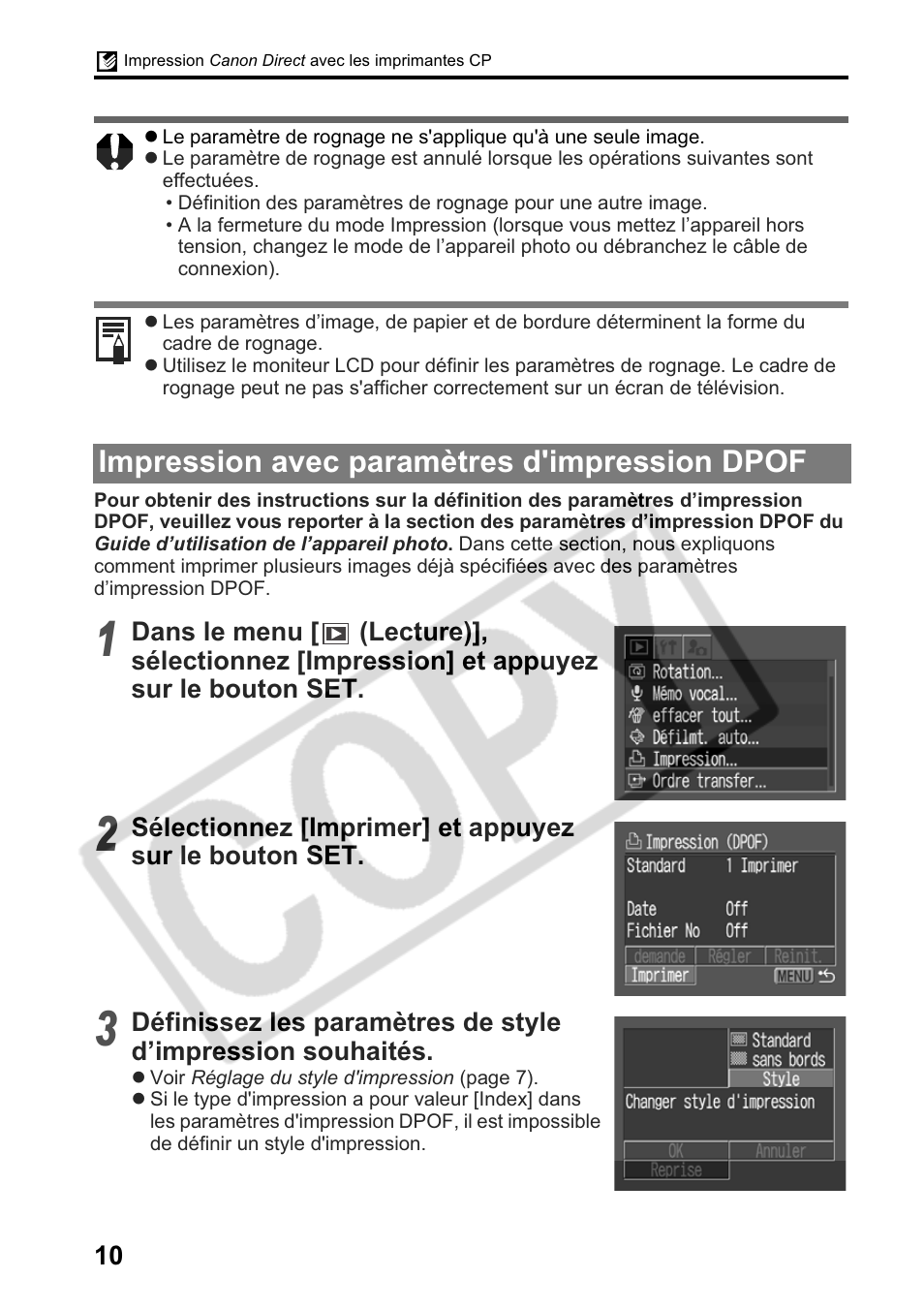 Impression avec paramètres d'impression dpof | Canon Printing Using a Direct Camera/Printer Connection Guide Direct Print User Manual | Page 36 / 76