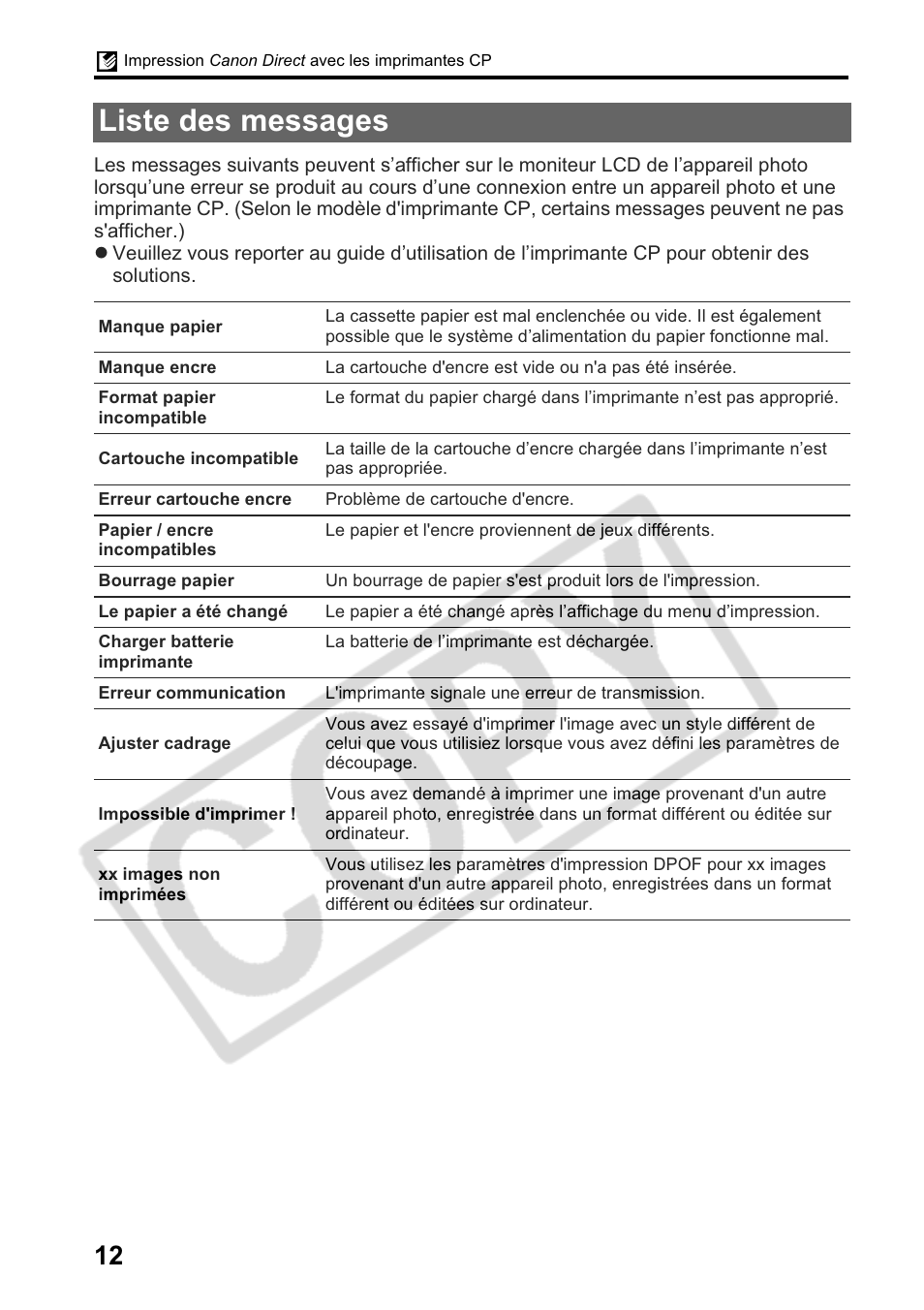 Liste des messages | Canon Printing Using a Direct Camera/Printer Connection Guide Direct Print User Manual | Page 38 / 76