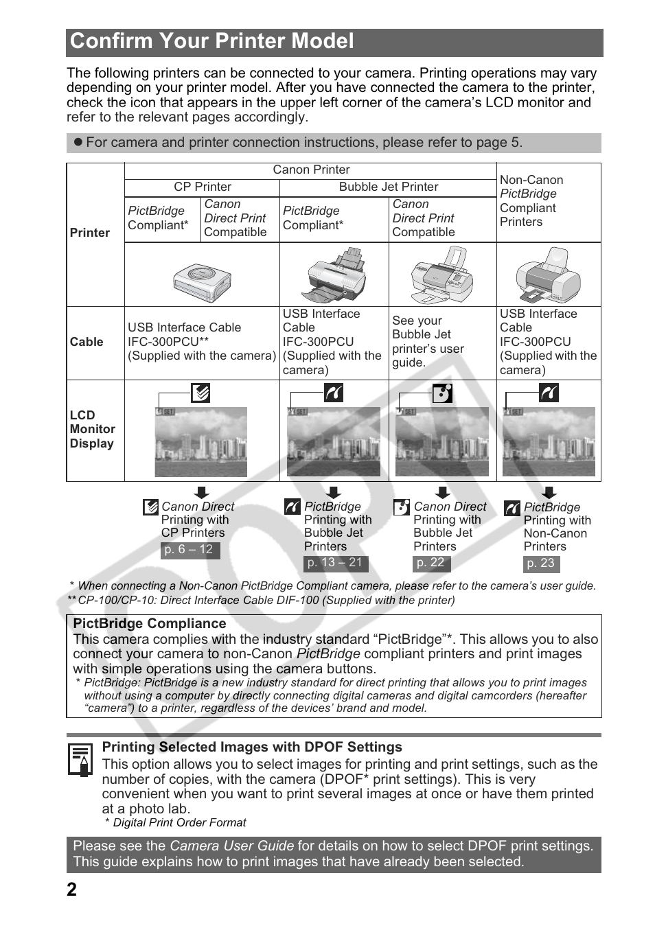 Confirm your printer model | Canon Printing Using a Direct Camera/Printer Connection Guide Direct Print User Manual | Page 4 / 76