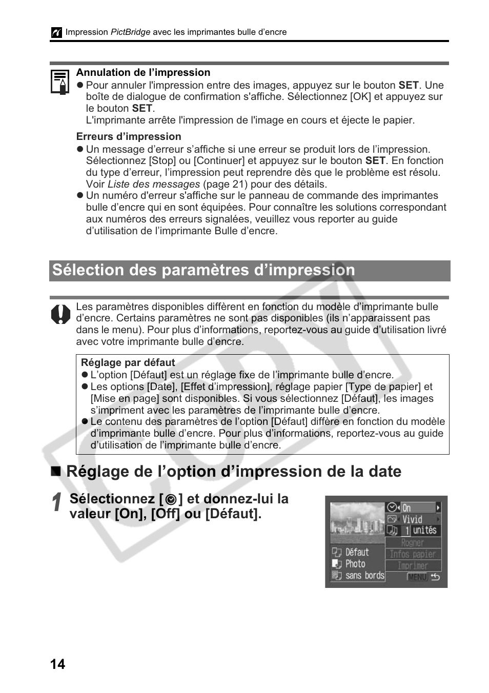 Réglage de l’option d’impression de la date, Sélection des paramètres d’impression | Canon Printing Using a Direct Camera/Printer Connection Guide Direct Print User Manual | Page 40 / 76