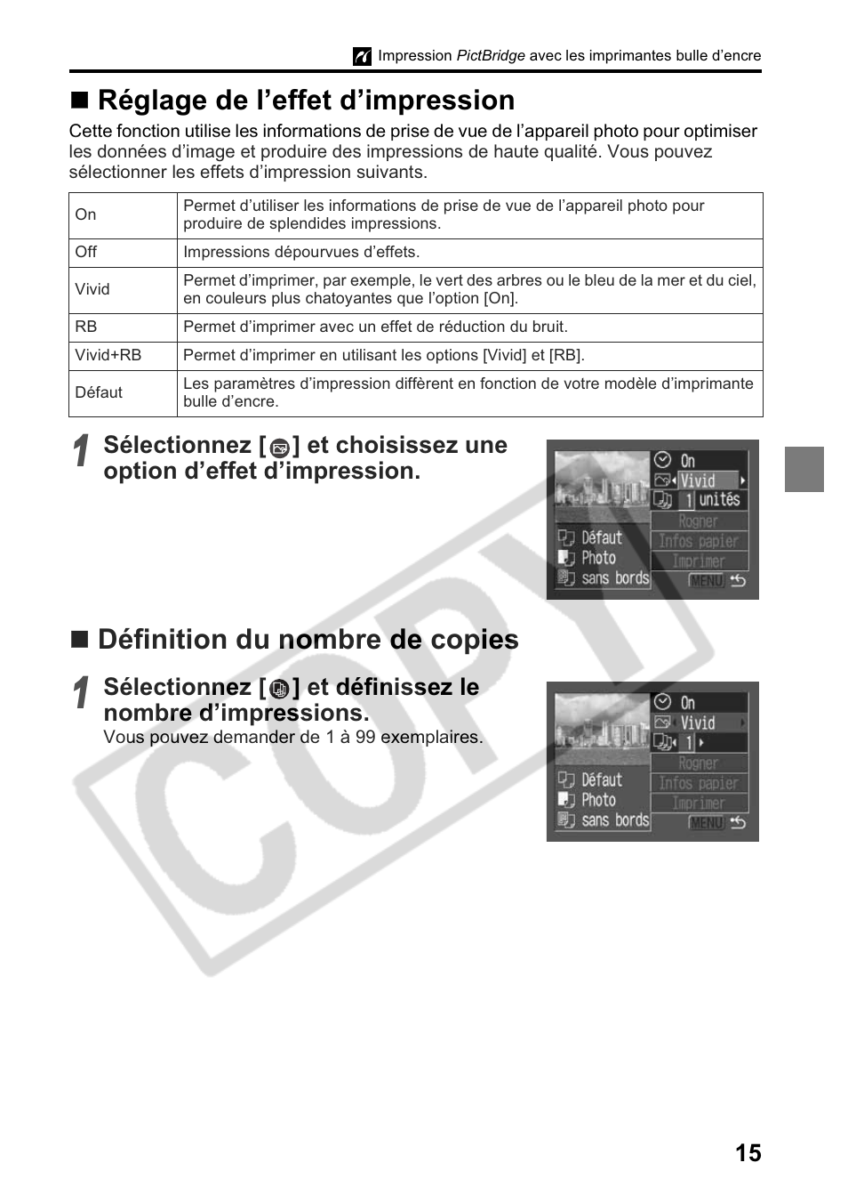 Réglage de l’effet d’impression, Définition du nombre de copies | Canon Printing Using a Direct Camera/Printer Connection Guide Direct Print User Manual | Page 41 / 76