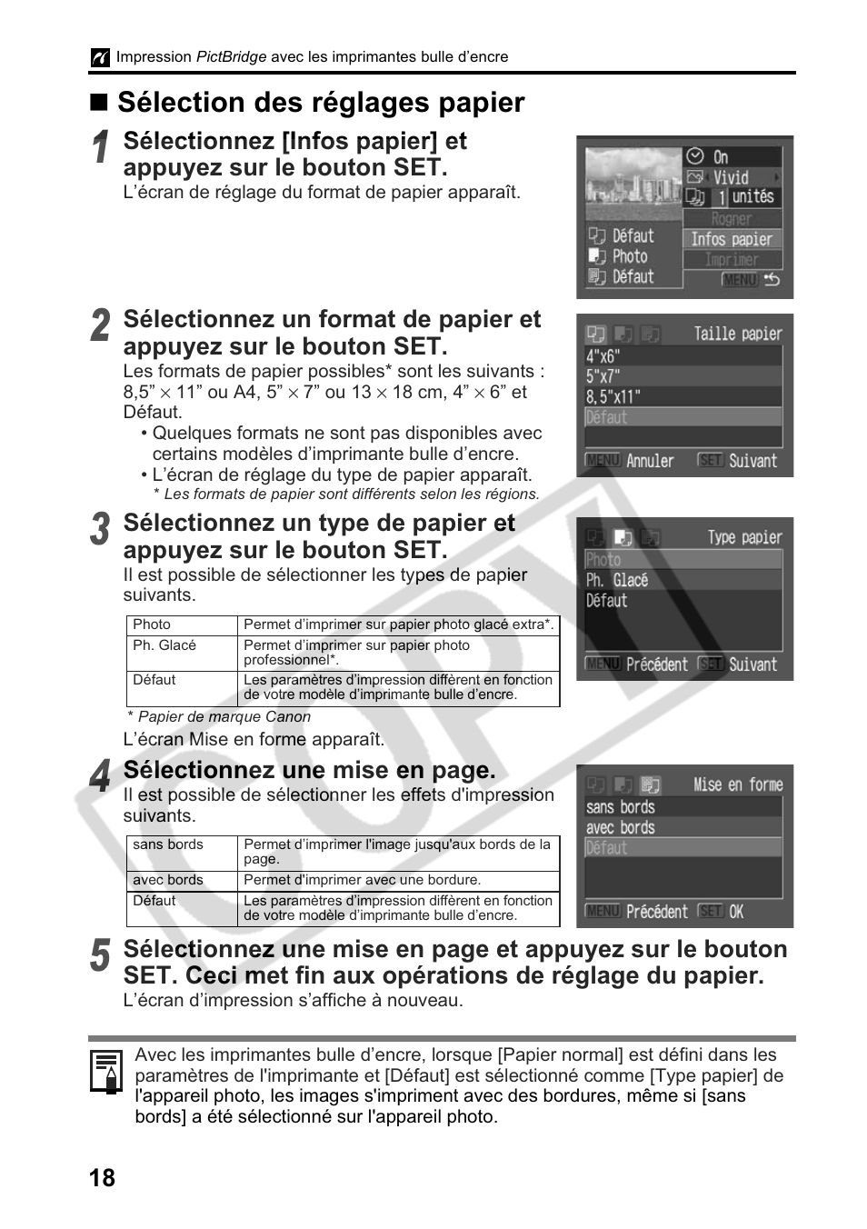 Sélection des réglages papier, Sélectionnez une mise en page | Canon Printing Using a Direct Camera/Printer Connection Guide Direct Print User Manual | Page 44 / 76