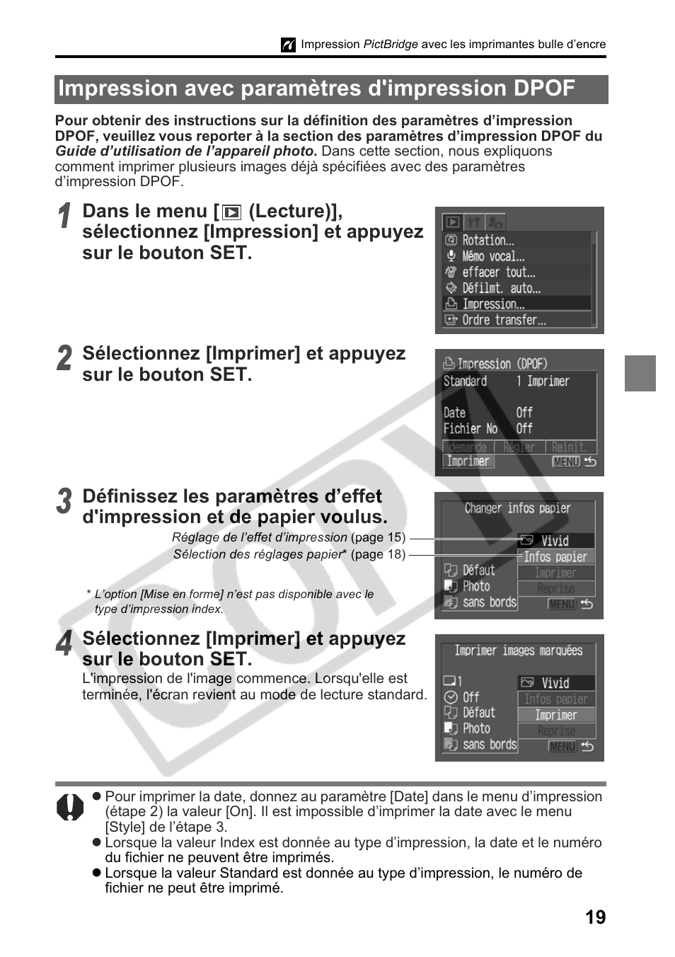 Impression avec paramètres d'impression dpof | Canon Printing Using a Direct Camera/Printer Connection Guide Direct Print User Manual | Page 45 / 76