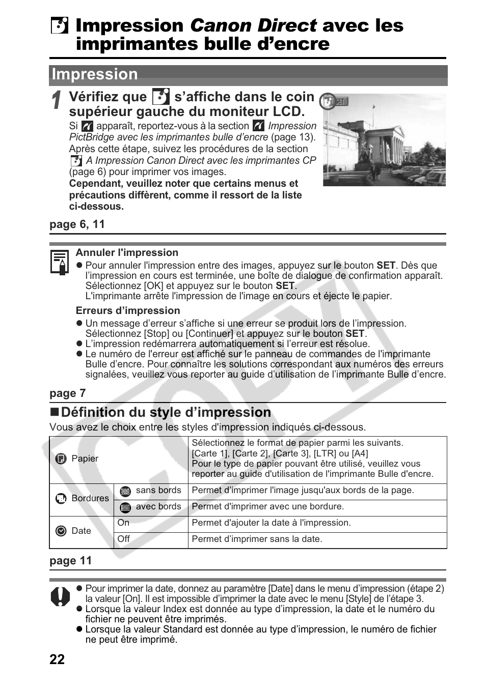 Impression, Définition du style d’impression | Canon Printing Using a Direct Camera/Printer Connection Guide Direct Print User Manual | Page 48 / 76