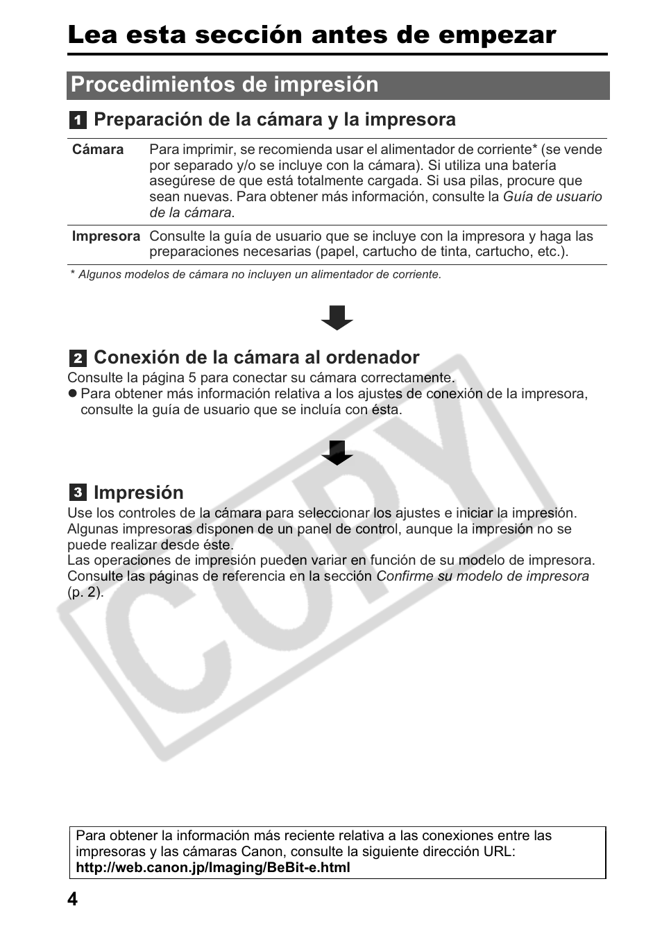 Lea esta sección antes de empezar, Procedimientos de impresión, Preparación de la cámara y la impresora | Conexión de la cámara al ordenador, Impresión | Canon Printing Using a Direct Camera/Printer Connection Guide Direct Print User Manual | Page 54 / 76