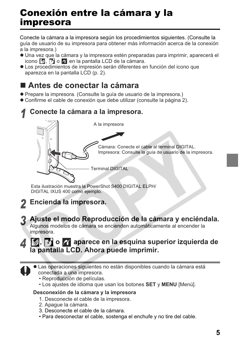 Conexión entre la cámara y la impresora, Antes de conectar la cámara | Canon Printing Using a Direct Camera/Printer Connection Guide Direct Print User Manual | Page 55 / 76