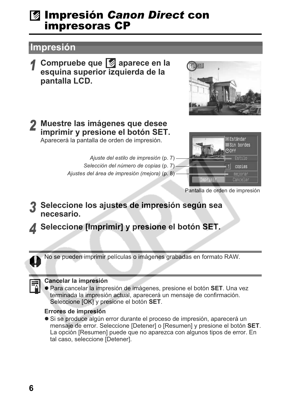 Impresión canon direct con impresoras cp | Canon Printing Using a Direct Camera/Printer Connection Guide Direct Print User Manual | Page 56 / 76