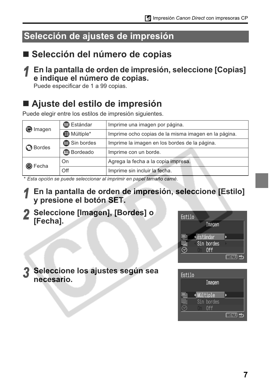 Selección de ajustes de impresión | Canon Printing Using a Direct Camera/Printer Connection Guide Direct Print User Manual | Page 57 / 76