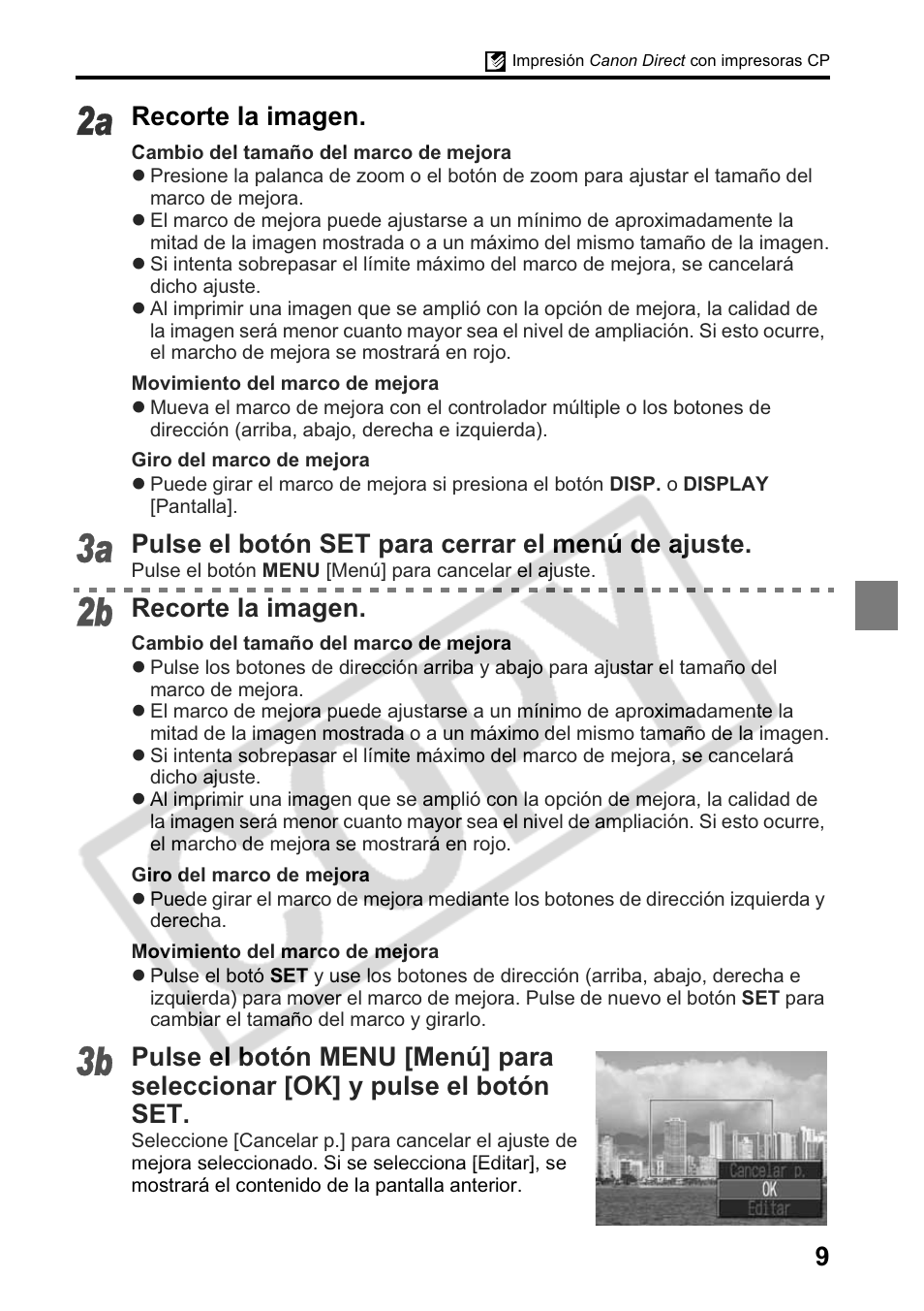 Recorte la imagen, Pulse el botón set para cerrar el menú de ajuste | Canon Printing Using a Direct Camera/Printer Connection Guide Direct Print User Manual | Page 59 / 76