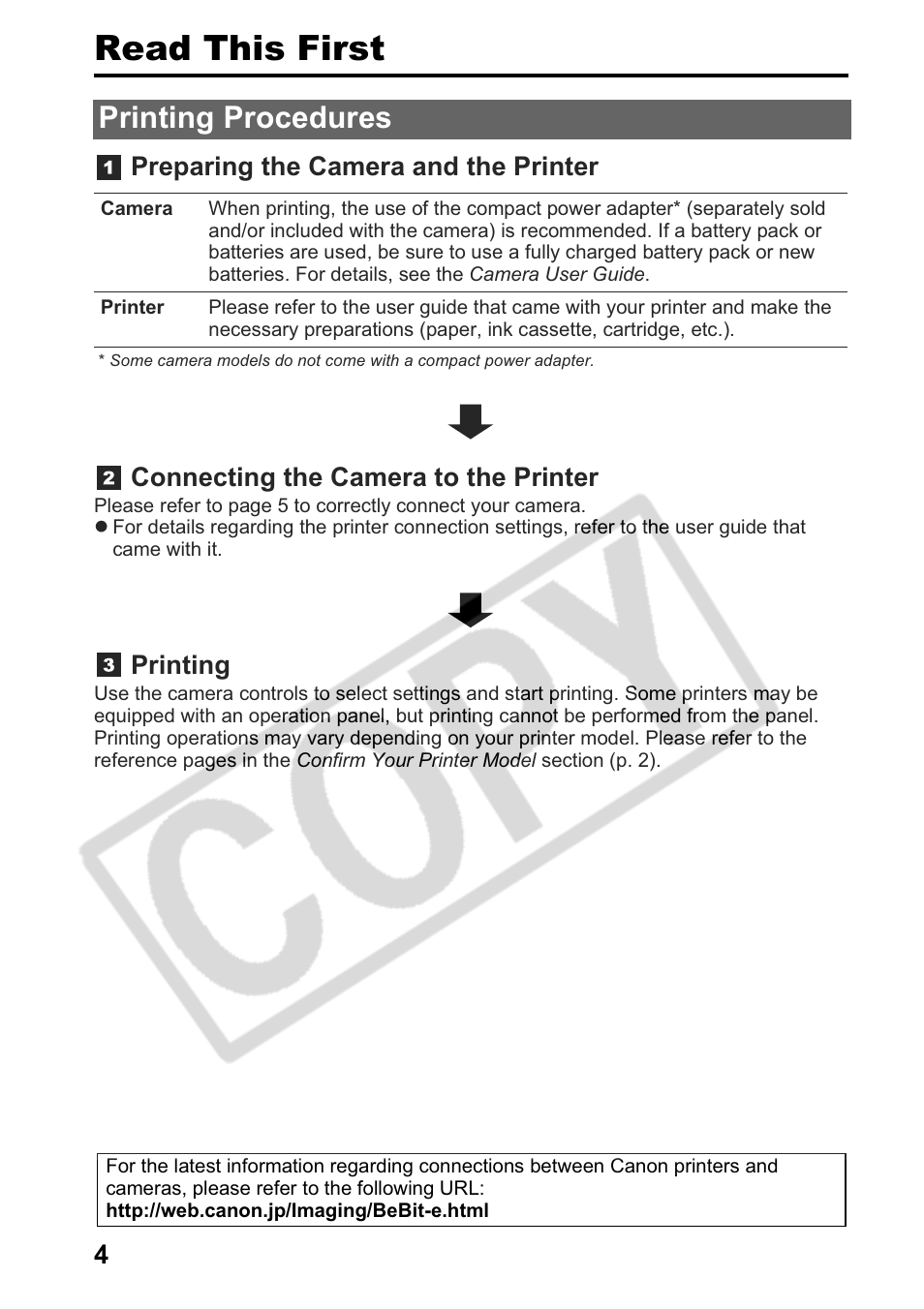 Read this first, Printing procedures, Preparing the camera and the printer | Connecting the camera to the printer, Printing | Canon Printing Using a Direct Camera/Printer Connection Guide Direct Print User Manual | Page 6 / 76