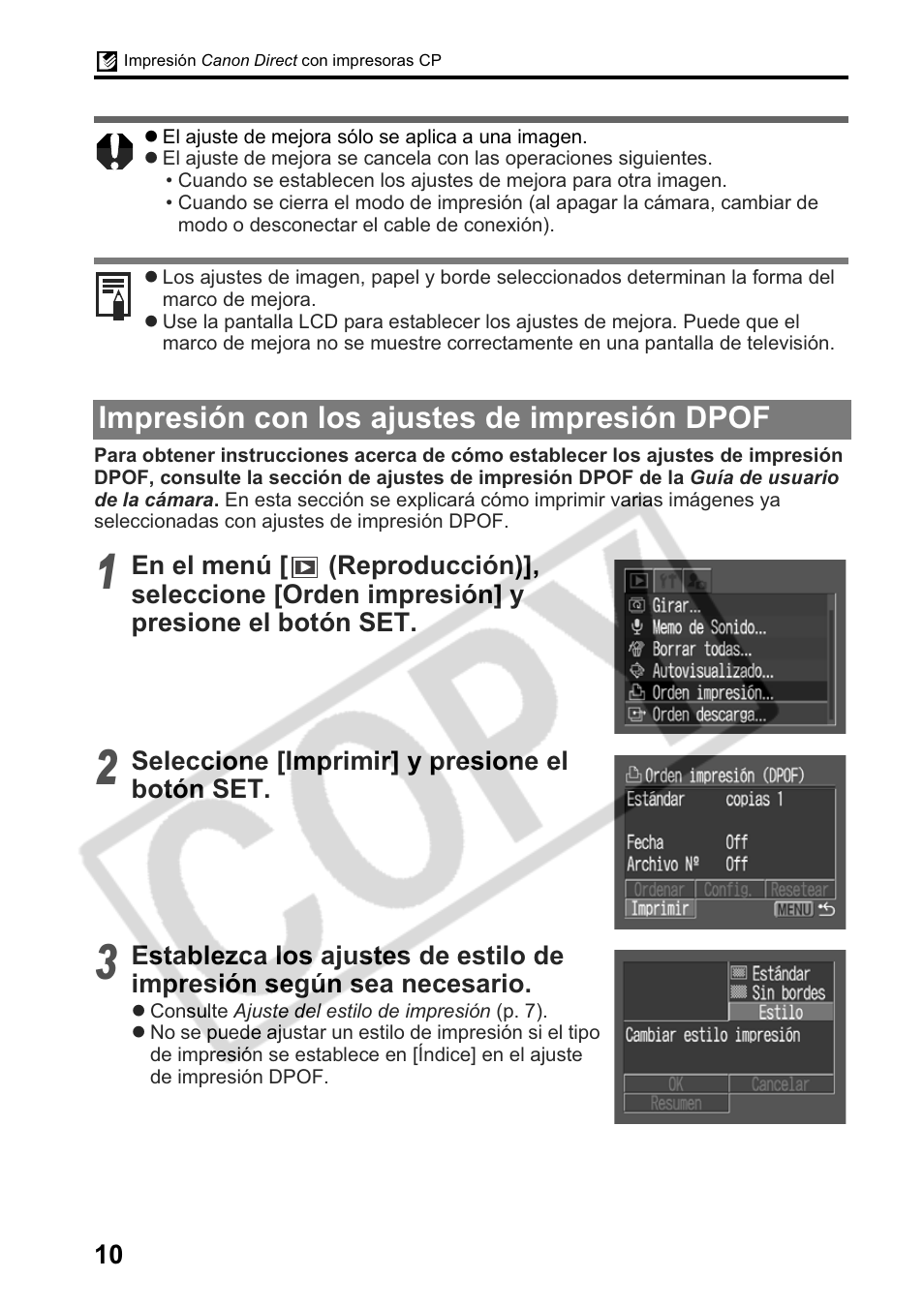 Impresión con los ajustes de impresión dpof | Canon Printing Using a Direct Camera/Printer Connection Guide Direct Print User Manual | Page 60 / 76