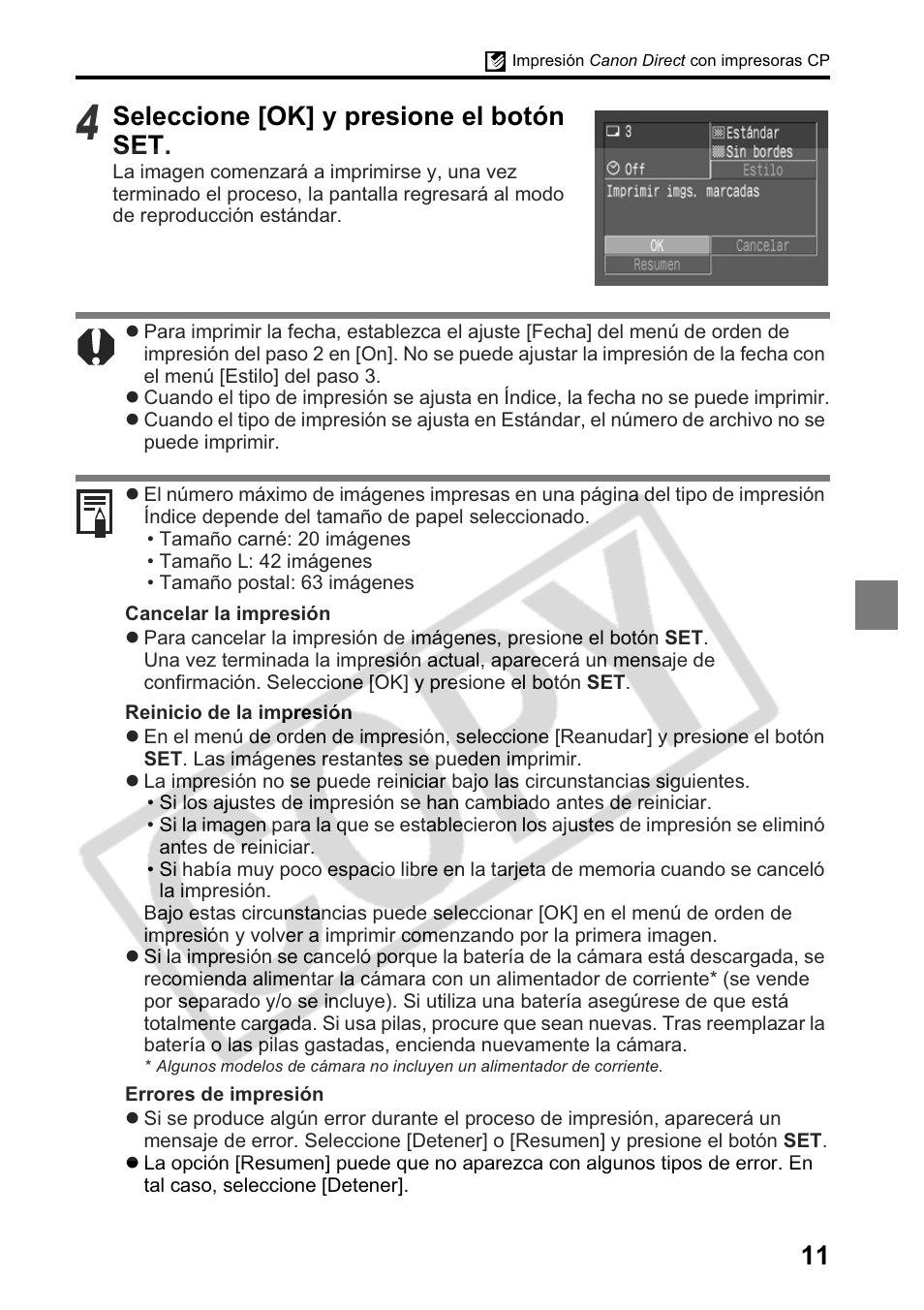 Seleccione [ok] y presione el botón set | Canon Printing Using a Direct Camera/Printer Connection Guide Direct Print User Manual | Page 61 / 76