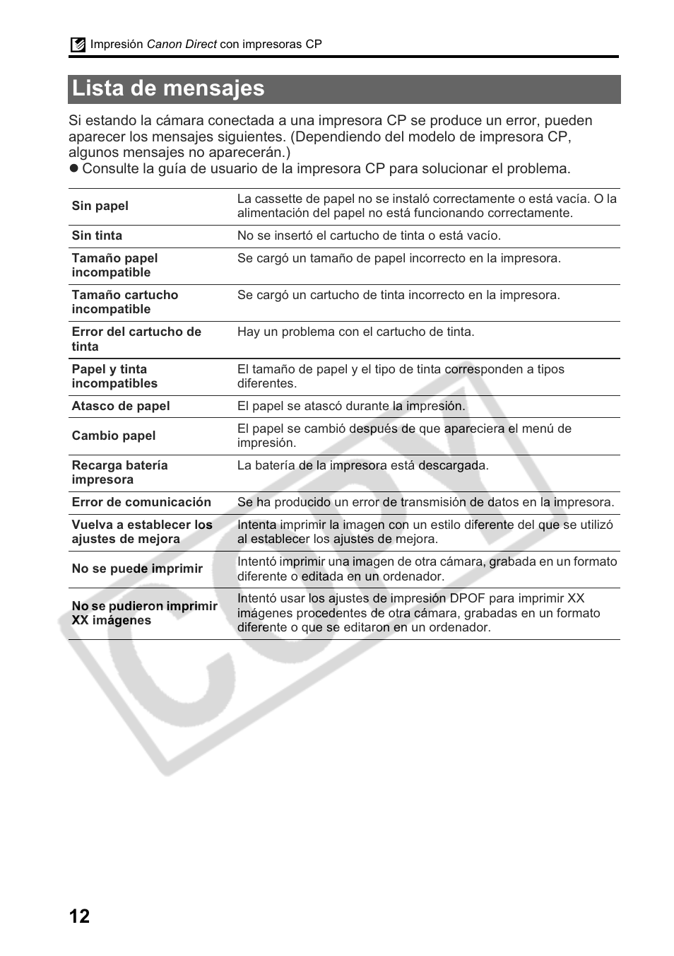Lista de mensajes | Canon Printing Using a Direct Camera/Printer Connection Guide Direct Print User Manual | Page 62 / 76