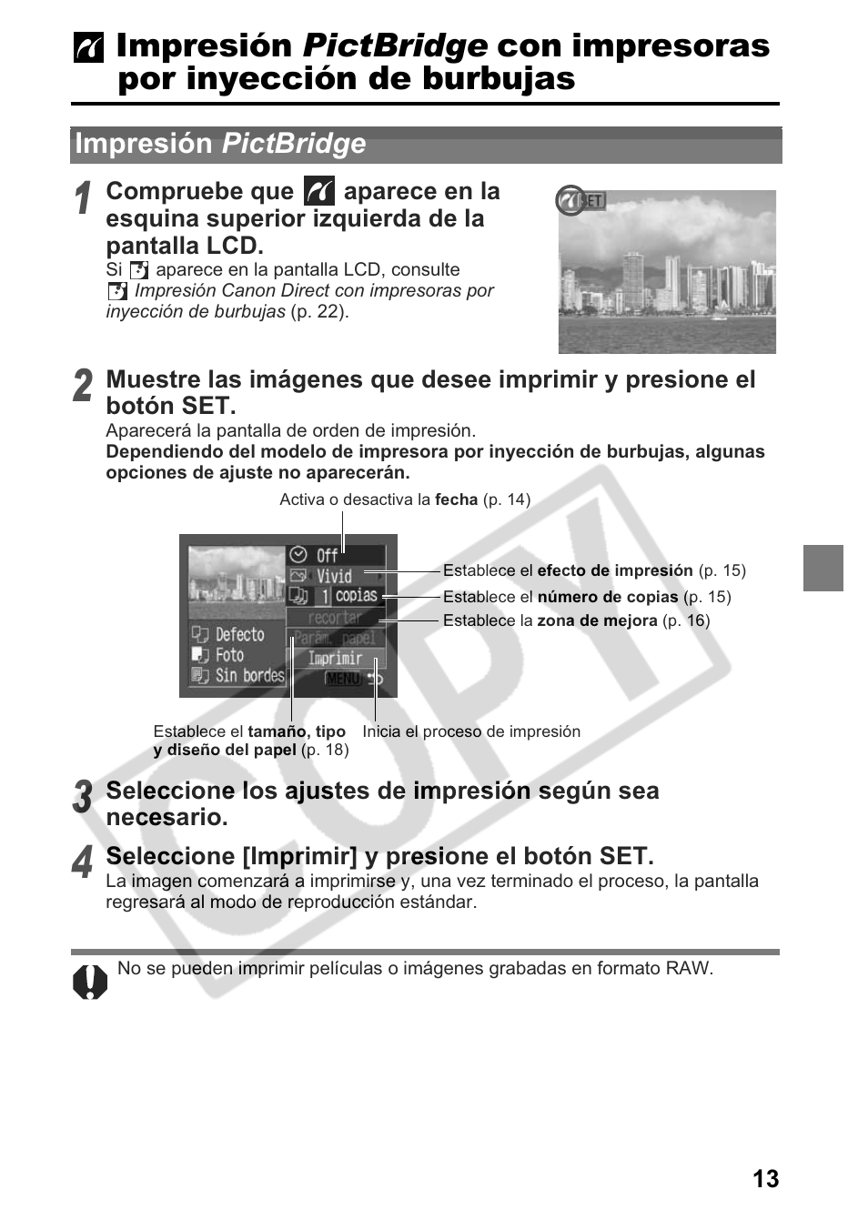 Impresión pictbridge | Canon Printing Using a Direct Camera/Printer Connection Guide Direct Print User Manual | Page 63 / 76