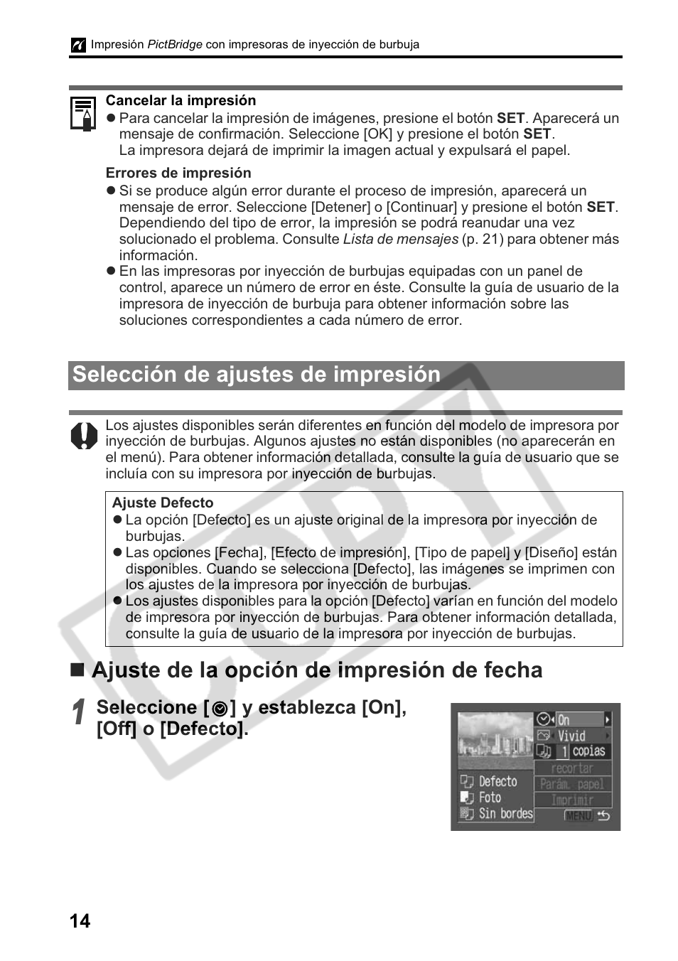 Ajuste de la opción de impresión de fecha, Selección de ajustes de impresión | Canon Printing Using a Direct Camera/Printer Connection Guide Direct Print User Manual | Page 64 / 76