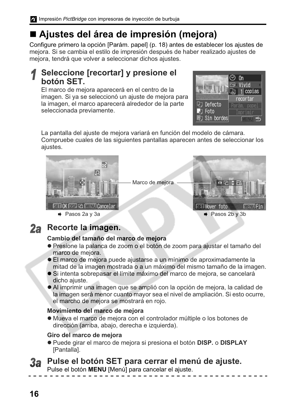 Ajustes del área de impresión (mejora), Seleccione [recortar] y presione el botón set, Recorte la imagen | Pulse el botón set para cerrar el menú de ajuste | Canon Printing Using a Direct Camera/Printer Connection Guide Direct Print User Manual | Page 66 / 76
