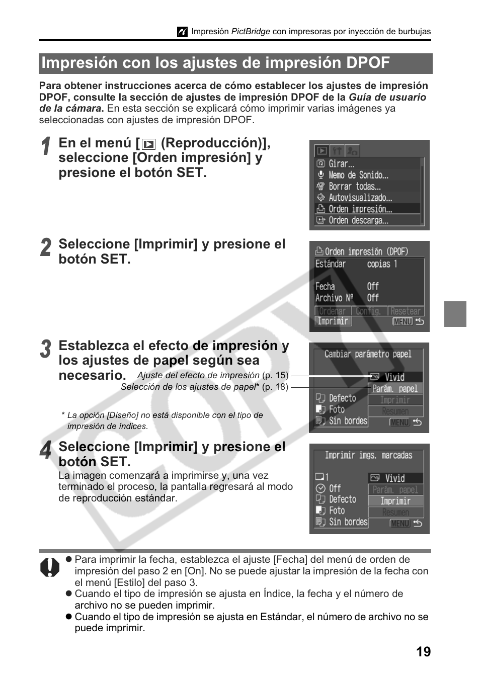 Impresión con los ajustes de impresión dpof | Canon Printing Using a Direct Camera/Printer Connection Guide Direct Print User Manual | Page 69 / 76