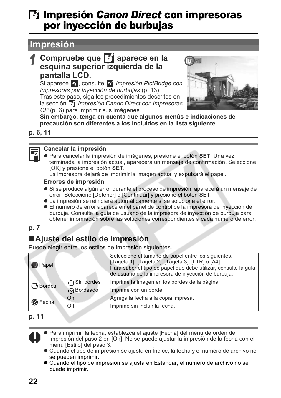 Impresión, Ajuste del estilo de impresión | Canon Printing Using a Direct Camera/Printer Connection Guide Direct Print User Manual | Page 72 / 76