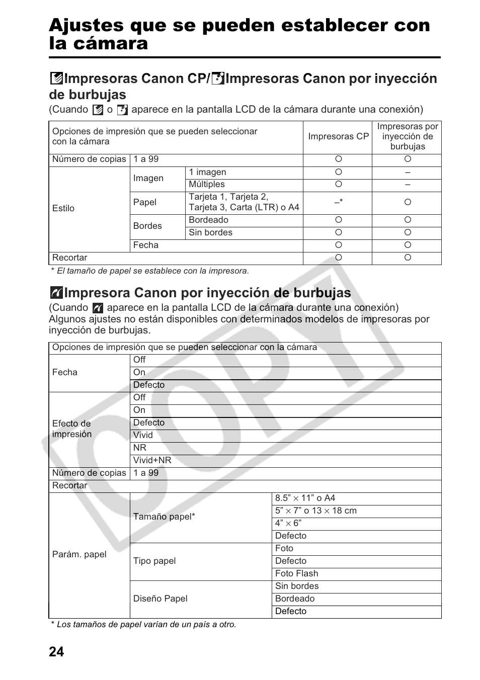 Ajustes que se pueden establecer con la cámara, Impresora canon por inyección de burbujas | Canon Printing Using a Direct Camera/Printer Connection Guide Direct Print User Manual | Page 74 / 76