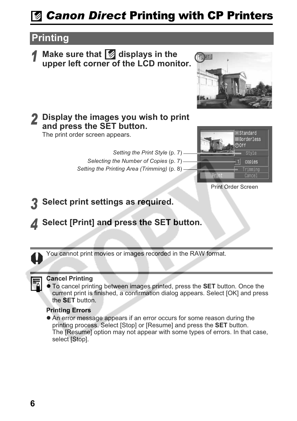 Canon direct printing with cp printers | Canon Printing Using a Direct Camera/Printer Connection Guide Direct Print User Manual | Page 8 / 76