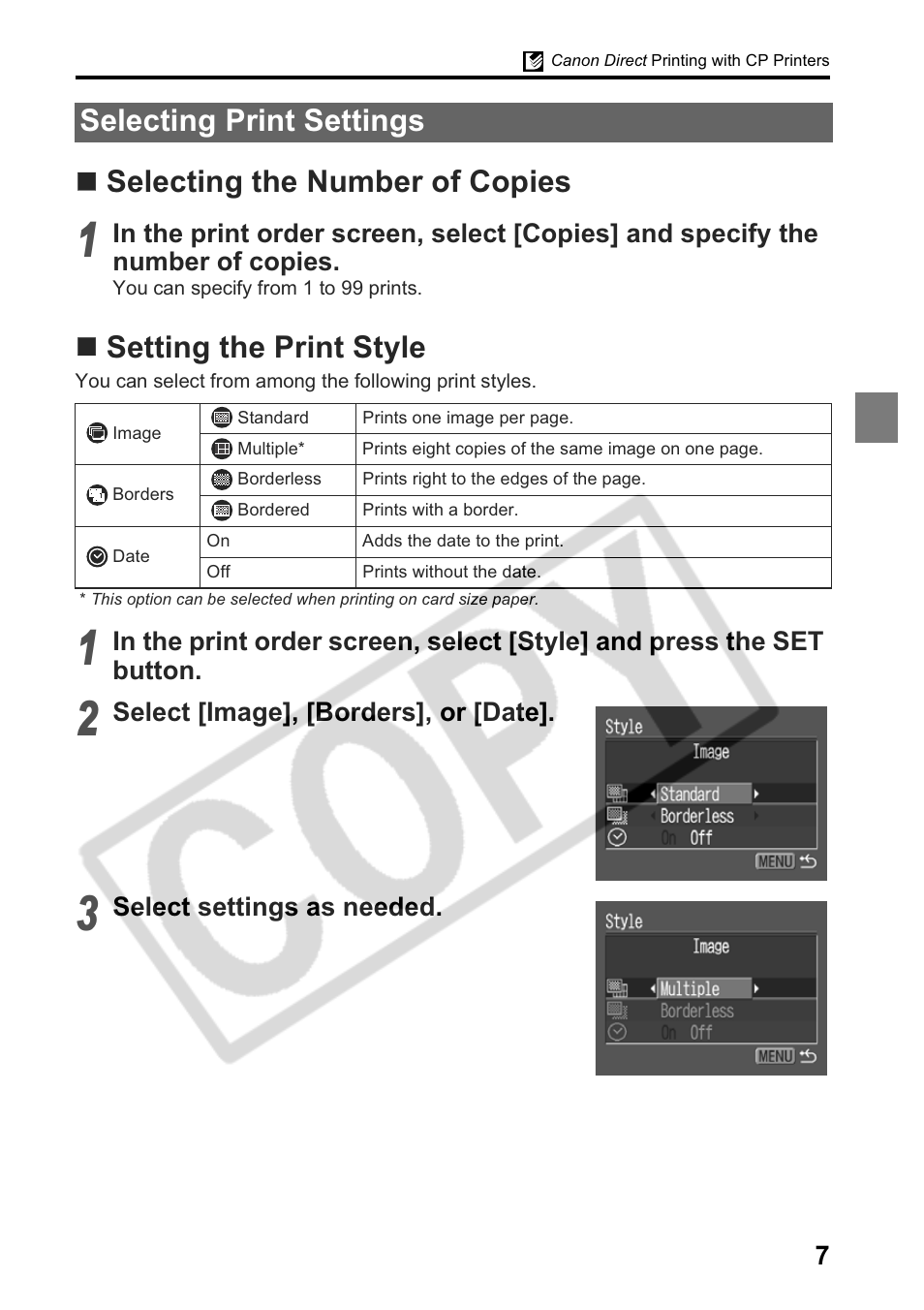 Selecting print settings | Canon Printing Using a Direct Camera/Printer Connection Guide Direct Print User Manual | Page 9 / 76