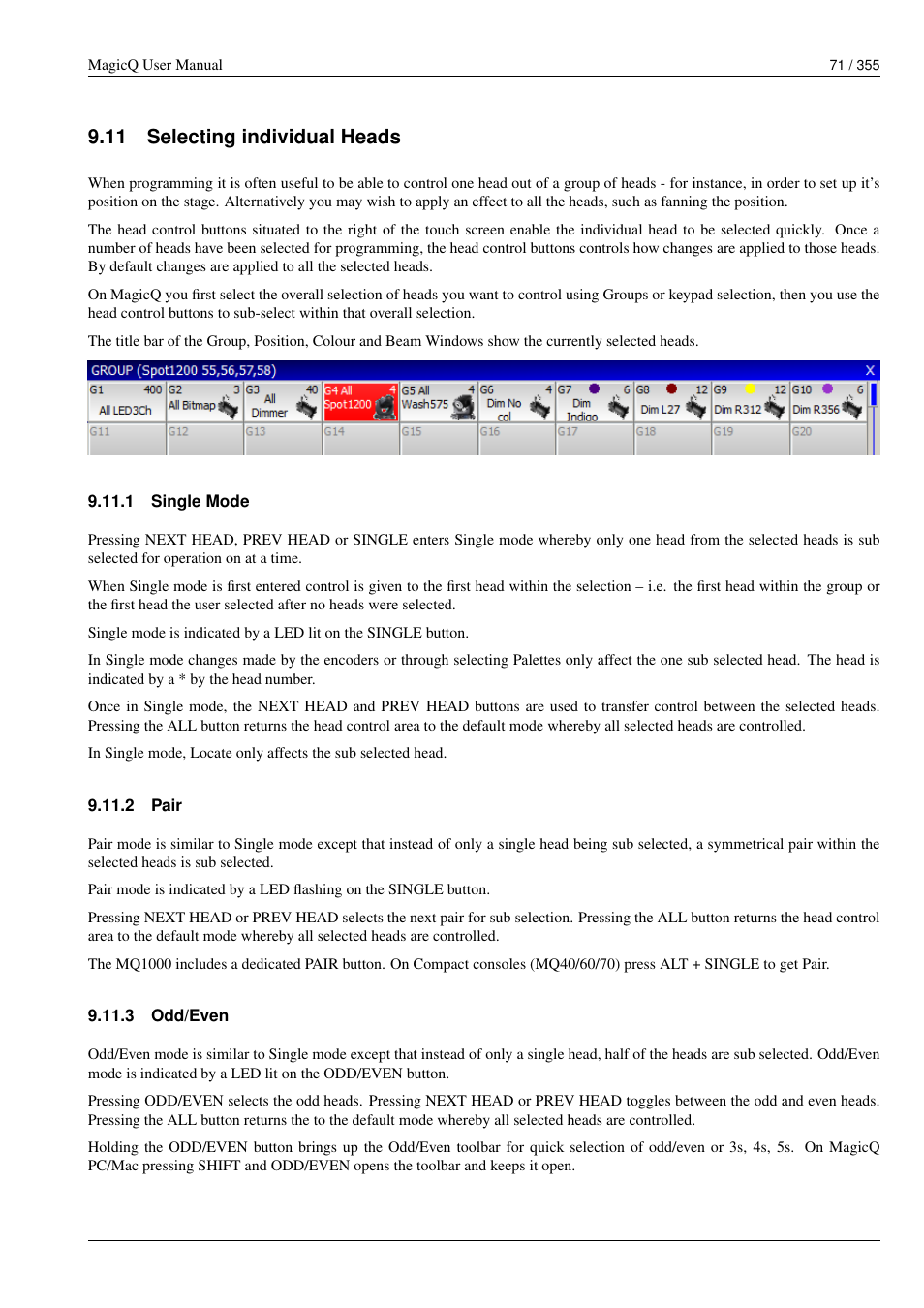 Selecting individual heads, Single mode, Pair | Odd/even, 11 selecting individual heads, 1 single mode, 2 pair, 3 odd/even | ChamSys MagicQ User Manual User Manual | Page 100 / 384