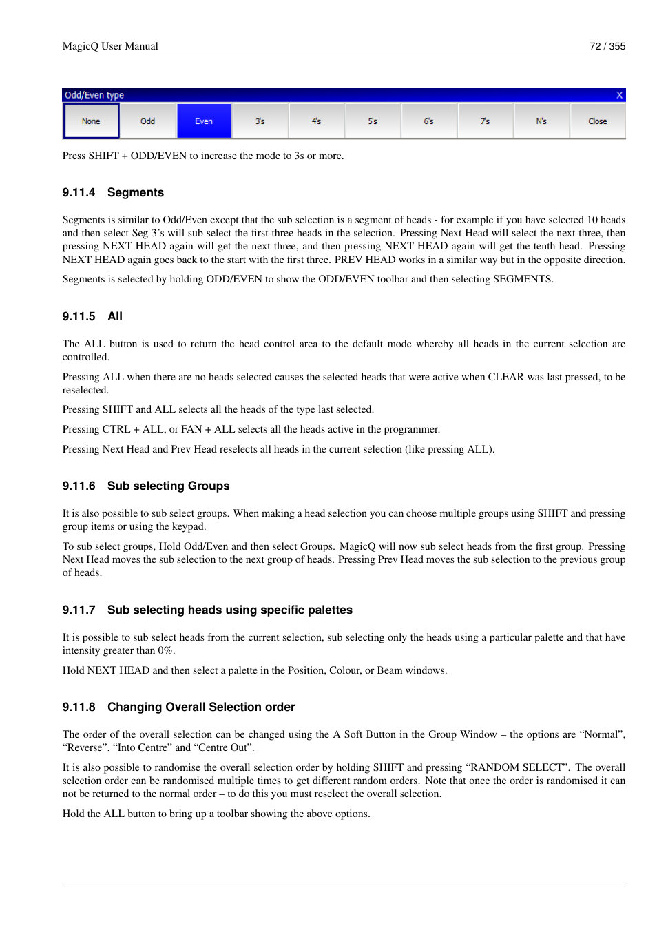 Segments, Sub selecting groups, Sub selecting heads using specific palettes | Changing overall selection order, 4 segments, 5 all, 6 sub selecting groups, 7 sub selecting heads using specific palettes, 8 changing overall selection order | ChamSys MagicQ User Manual User Manual | Page 101 / 384