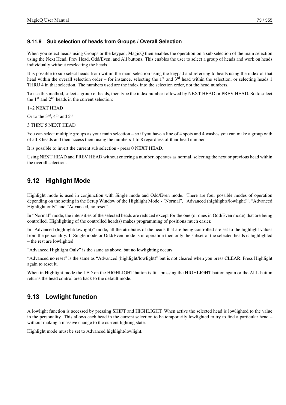 Highlight mode, Lowlight function, 12 highlight mode | 13 lowlight function | ChamSys MagicQ User Manual User Manual | Page 102 / 384