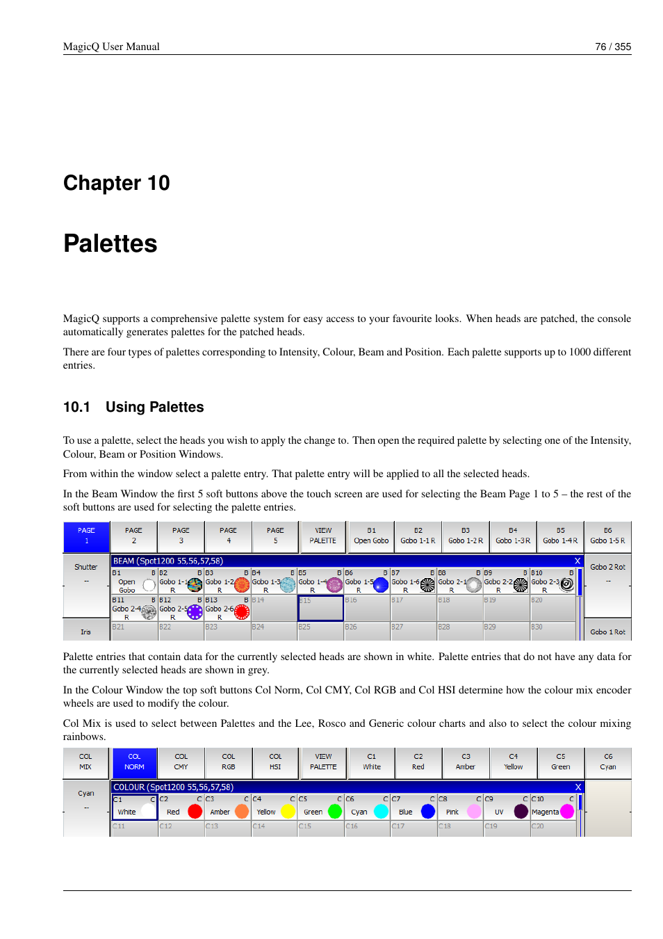Palettes, Using palettes, 10 palettes | 1 using palettes, Chapter 10 | ChamSys MagicQ User Manual User Manual | Page 105 / 384