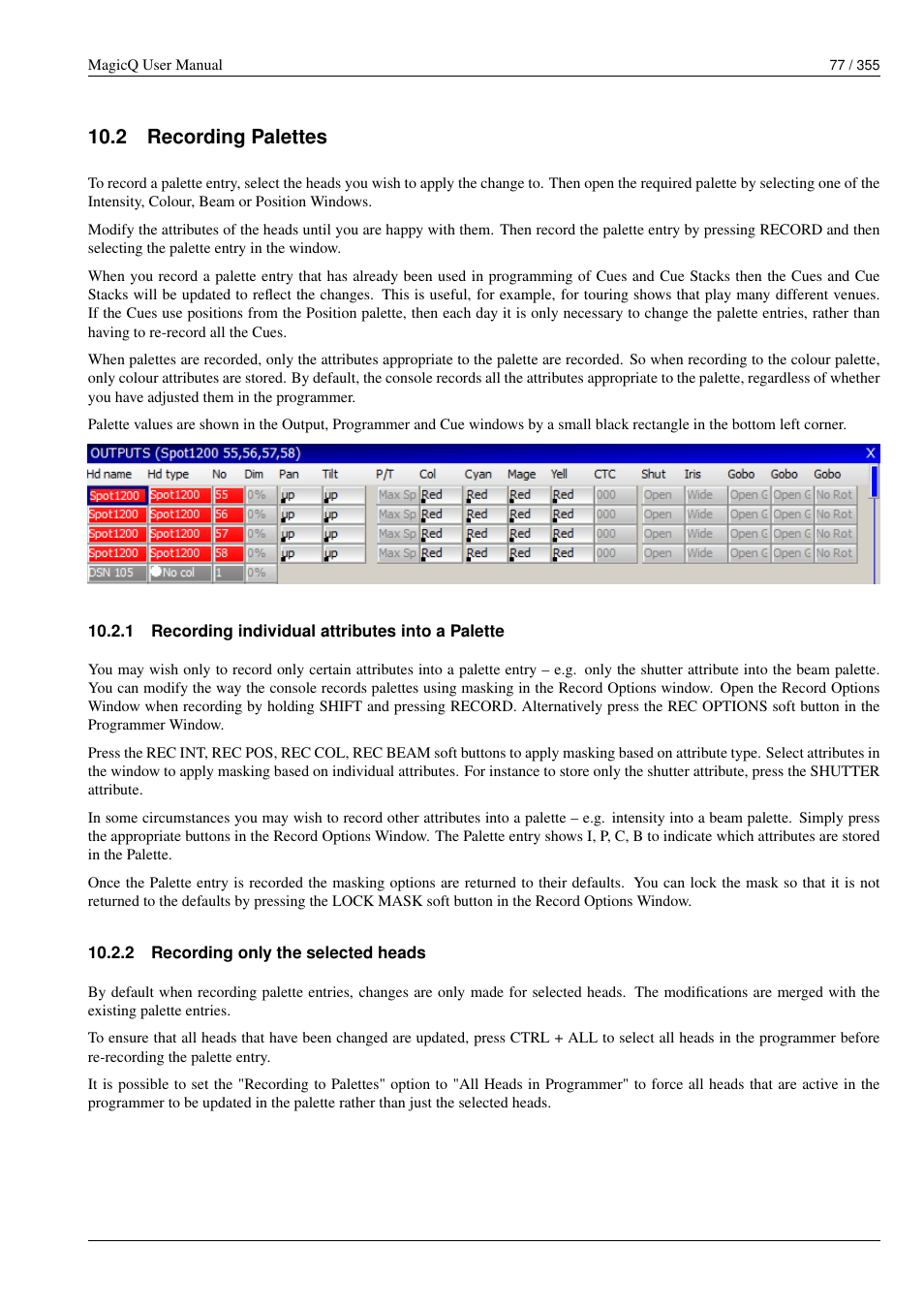 Recording palettes, Recording individual attributes into a palette, Recording only the selected heads | 2 recording palettes, 1 recording individual attributes into a palette, 2 recording only the selected heads | ChamSys MagicQ User Manual User Manual | Page 106 / 384